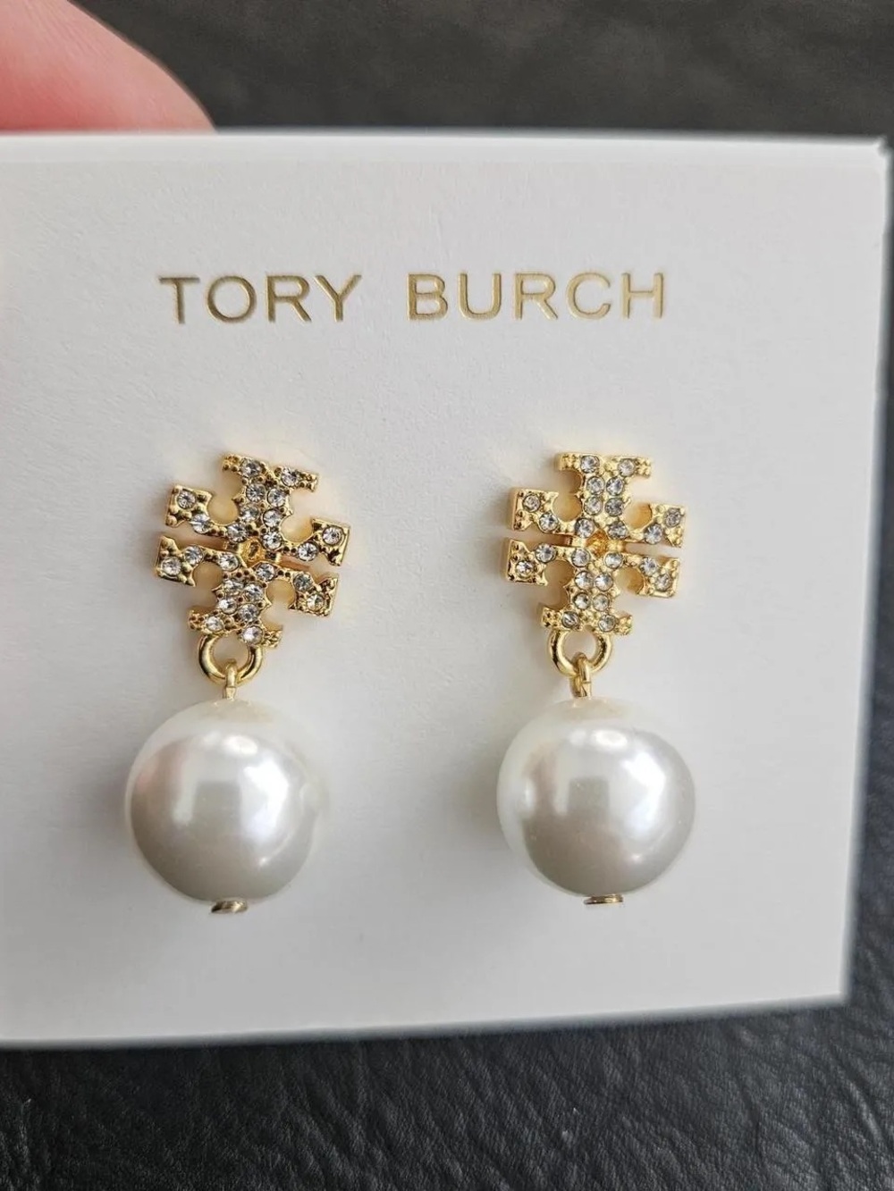 Tory Burch Gold Crystal Logo Pearl Drop Earrings - White